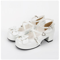 Angelic Imprint - White Low Chunky Heel Round Toe Buckle Sweet Lolita Shoes with Bow and Pearls
