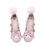 Angelic Imprint - Pink Low Chunky Heel Round Toe Buckle Sweet Lolita Shoes with Bow and Peals