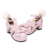 Angelic Imprint - Pink Low Chunky Heel Round Toe Buckle Sweet Lolita Shoes with Bow and Peals