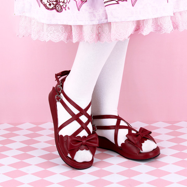 Angelic Imprint - Low Heel Open Toe Buckle Sweet Lolita Sandals with Bow