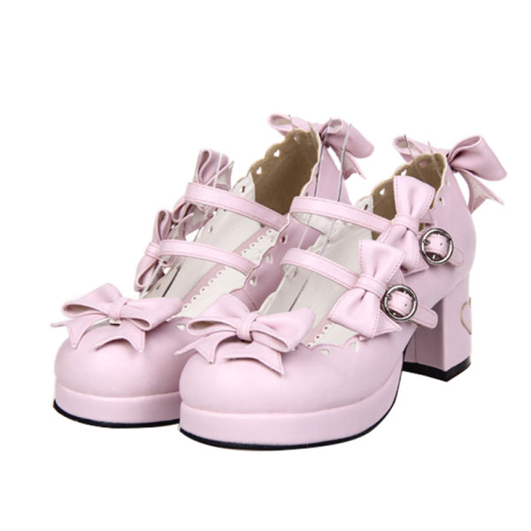 Angelic Imprint - High Chunky Heel Round Toe Buckle Sweet Lolita Shoes with Bow