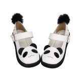 Angelic Imprint - White Round Toe Buckle Sweet Panda Lolita Flat Shoes with Rabbit Fur Ball Back