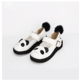 Angelic Imprint - White Round Toe Buckle Sweet Panda Lolita Flat Shoes with Rabbit Fur Ball Back