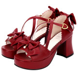 Angelic Imprint - High Chunky Heel Open Toe Buckle Platform Sweet Lolita Sandals with Bow and Pendant
