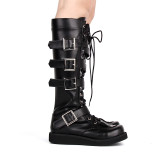 Angelic Imprint - Round Toe Buckle Gothic Punk Black Calf High Lolita Flat Boots