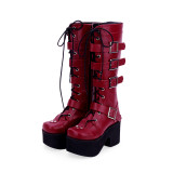 Angelic Imprint - High Chunky Heel Round Toe Buckle Platform Calf High Wine Punk Lolita Boots