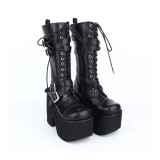 Angelic Imprint - Sky High Chunky Heel Round Toe Buckle Middle Calf Black Punk Lolita Platform Boots