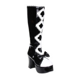 Angelic Imprint - Round Toe Buckle Gothic Punk Black and White Calf High Platform Lolita Boots with Bow