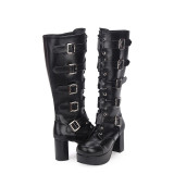 Angelic Imprint - High Chunky Heel Round Toe Buckle Platform Calf High Gothic Punk Lolita Boots with Zipper Back