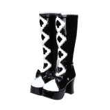 Angelic Imprint - Round Toe Buckle Gothic Punk Black and White Calf High Platform Lolita Boots with Bow