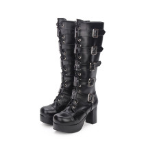 Angelic Imprint - High Chunky Heel Round Toe Buckle Platform Calf High Gothic Punk Lolita Boots with Zipper Back