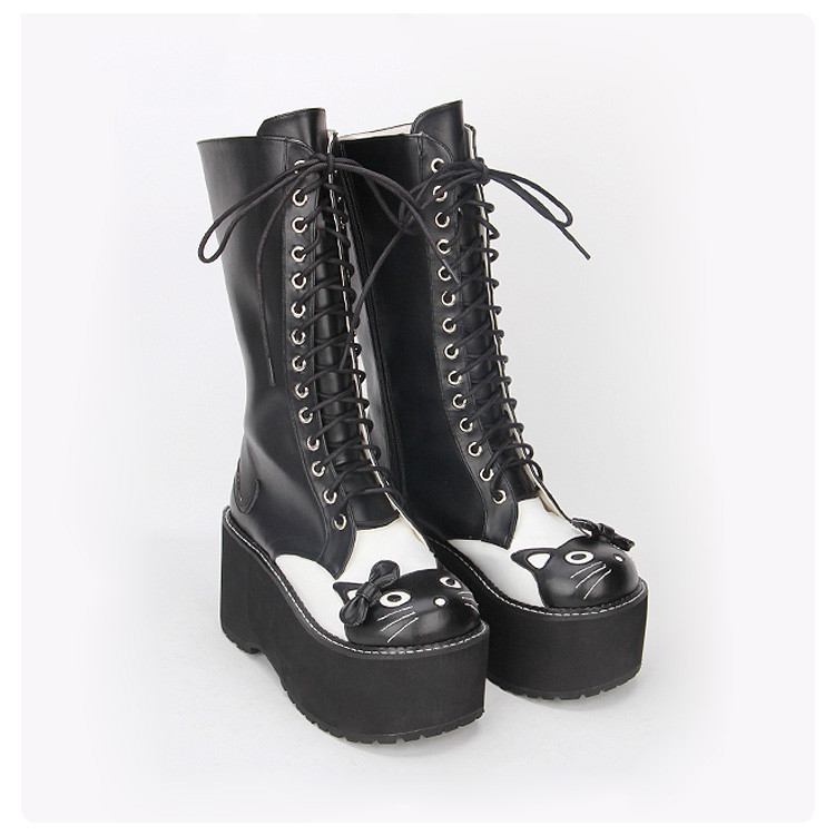 US$ 80.99 - Angelic Imprint - High Heel Round Toe Black and White Cat  Middle Calf Sweet Lolita Platform Boots - m.lolitaknot.com