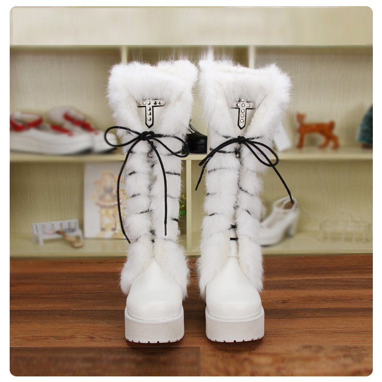 US$ 89.99 - Angelic Imprint - High Chunky Heel Round Toe Calf High Platform  White Sweet Lolita Boots with Rabbit Fur for Winter - m.lolitaknot.com