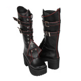 Angelic Imprint - High Chunky Heel Round Toe Buckle Gothic Punk Black Calf High Platform Lolita Boots with Zipper Back