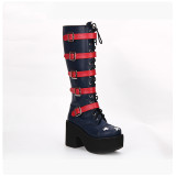 Angelic Imprint - High Chunky Heel Round Toe Buckle Gothic Punk Calf High Platform Dark Blue Lolita Boots with Zipper