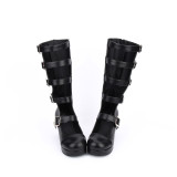 Angelic Imprint - High Wedge Heel Round Toe Buckle Gothic Punk Black Calf High Lolita Sandal Boots