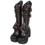 Angelic Imprint - High Chunky Heel Round Toe Buckle Gothic Punk Black Calf High Platform Lolita Boots with Zipper Back