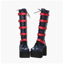Angelic Imprint - High Chunky Heel Round Toe Buckle Gothic Punk Calf High Platform Dark Blue Lolita Boots with Zipper