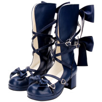 Angelic Imprint - High Chunky Heel Round Toe Buckle Calf High Classical Lolita Sandal Boots with Bow
