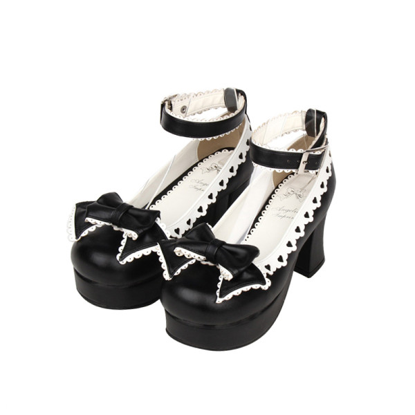 Angelic Imprint - High Chunky Heel Round Toe Buckle Black Platform Sweet Lolita Shoes with Bow