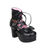 Angelic Imprint - High Chunky Heel Round Toe Buckle Ankle Short Gothic Punk Black Platform Lolita Sandal Boots with Bow