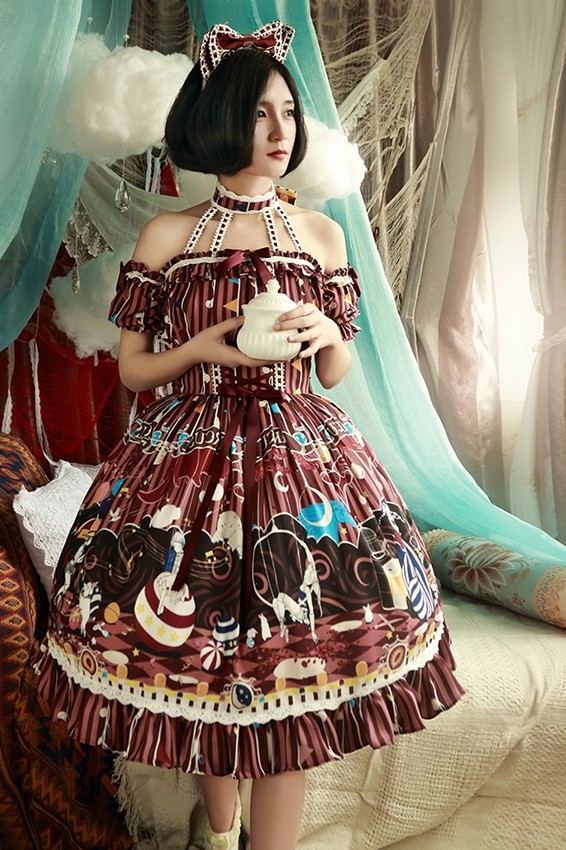 Magic Tea Party -Circus Maiden- Off Shoulder Halter Neckline Sweet Lolita OP One Piece Dress with Detachable Sleeves