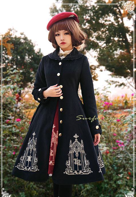 Surface Spell - Gothic Elegant Embroidery Wool High Waist Lolita Winter Long Coat