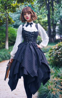 Surface Spell -Gothic Academy- Striped Irregular Hemline High Waist Lolita JSK Jumper Skirt