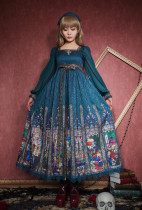 Surface Spell -The Rosary- Printed High Waist Ankle Length Peacock Green Gothic Lolita OP One Piece Dress