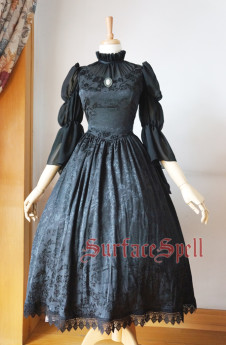 Surface Spell -Lady in Darkness- Middle Length Sleeves Dark-striped Stand Collar Lolita OP One Piece Dress