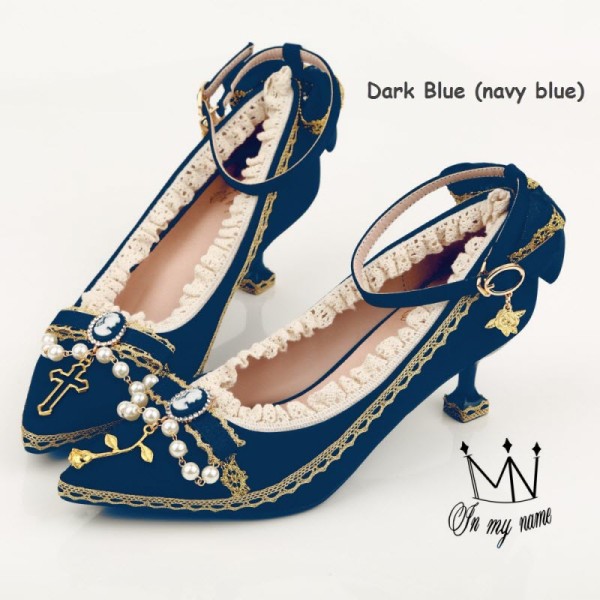 Rose and Cross Lolita Heel Shoes with Beads(Satin-mixed PU Version)