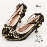 Rose and Cross Lolita Heel Shoes with Beads(Satin-mixed PU Version)