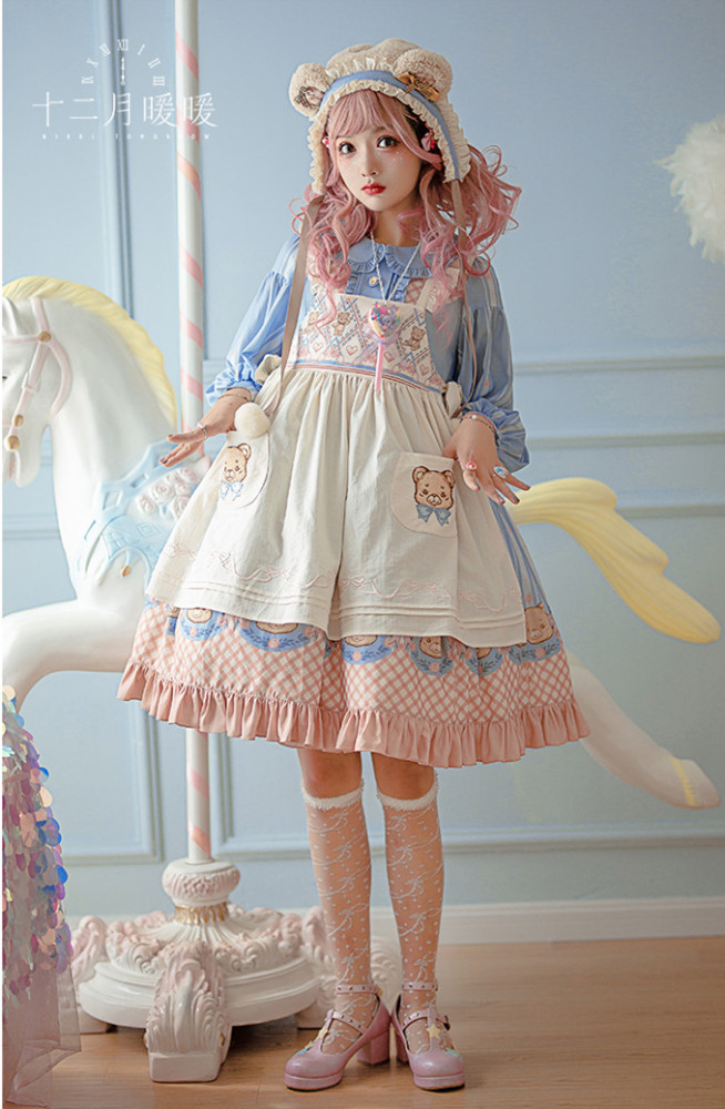 US$ 48.99 - Sweet Cute Bear Lolita One Piece Dress and Overskirt Set -  m.lolitaknot.com