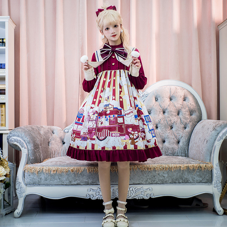 US$ 45.99 - Cat Can -Popcorn- High Waist Christmas Lolita One Piece Dress -  m.lolitaknot.com