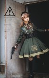 Pinky Winky -Army- Ouji Military Lolita OP with PU Corset,Detachable Tie and Accessories
