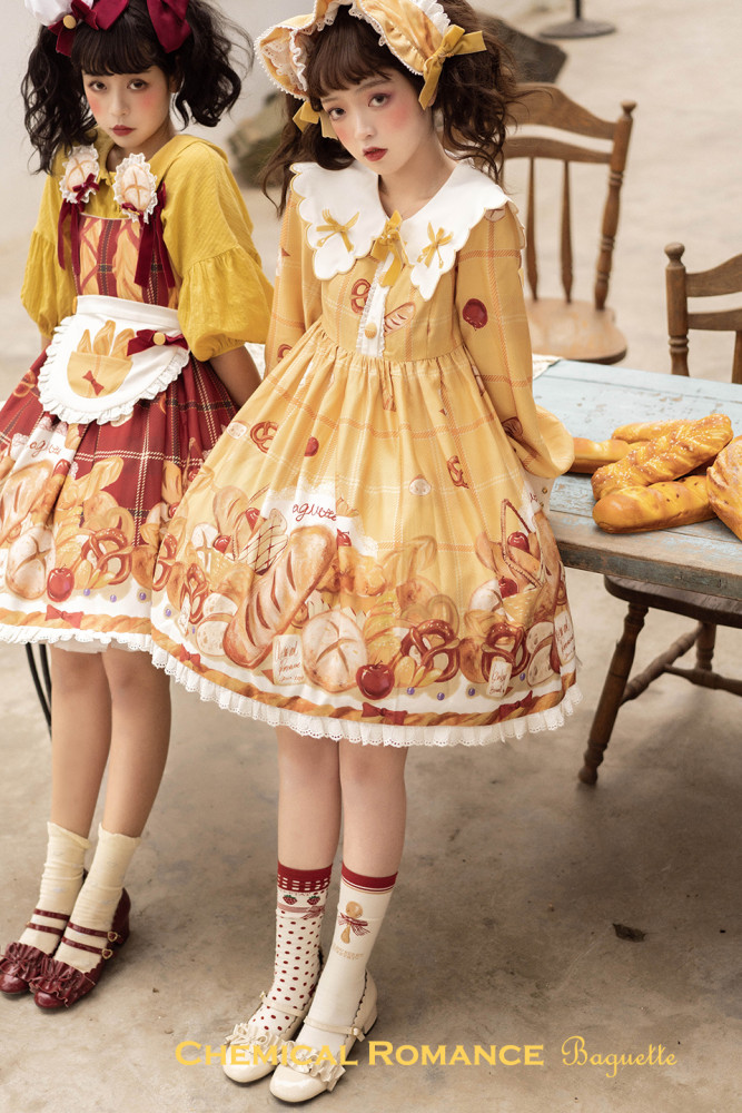 US$ 108.99 - Chemical Romance -The Baguelle- Sweet High Waist Lolita OP  Dress and Bread Hairclip Set - m.lolitaknot.com