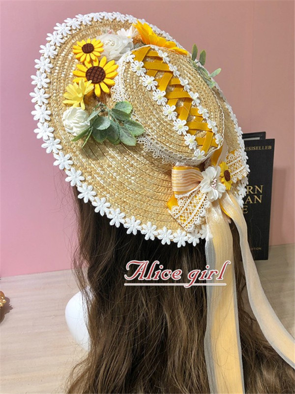 Alice Girl -Sunflower- Lolita Straw Hat and Triangle Headwear