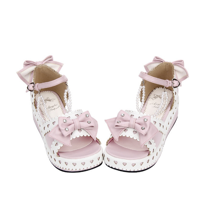 US$ 61.99 - Angelic Imprint - Sweet Platform Lolita Sandals with Bow and  Pearl - m.lolitaknot.com