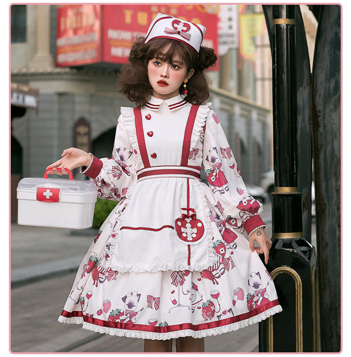 US$ 75.99 - Cat Doctor Sweet Gothic Nurse Lolita OP Full Set -  m.lolitaknot.com