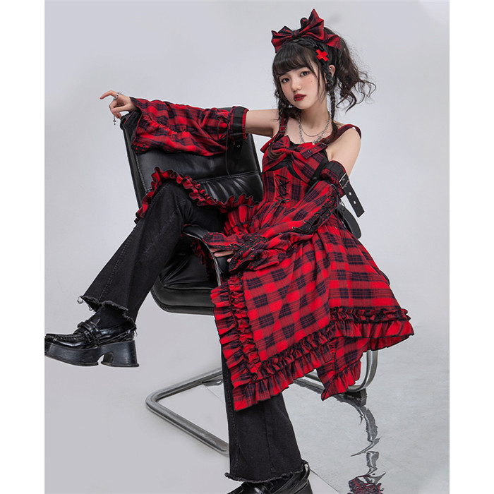 Custom size and colors- Old school Red Tartan Plaid Sweet Classic Lolita  fashion dress JSK