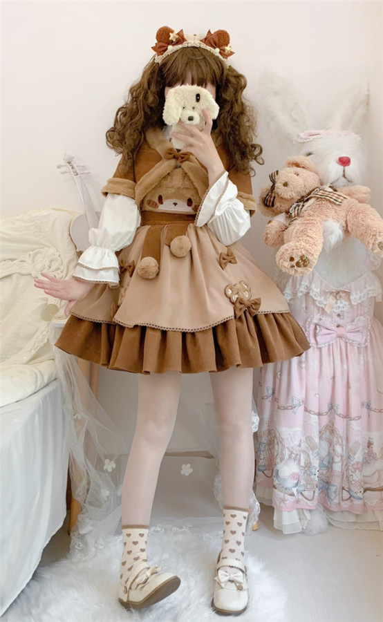 Bear in Winter Christmas Sweet Cute Lolita Salopettes, Blouse and Short Coat Full Set for Atumn and Winter