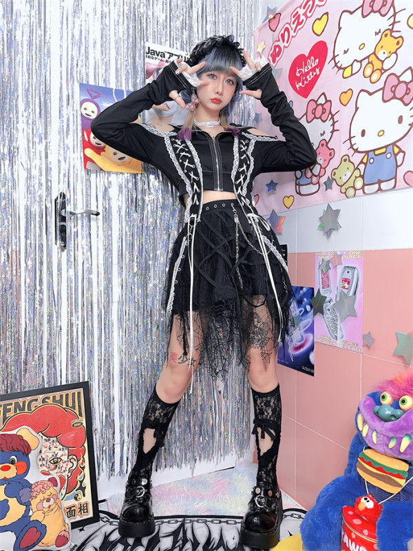 Alt Street Punk Spider Chain Lace Skirt