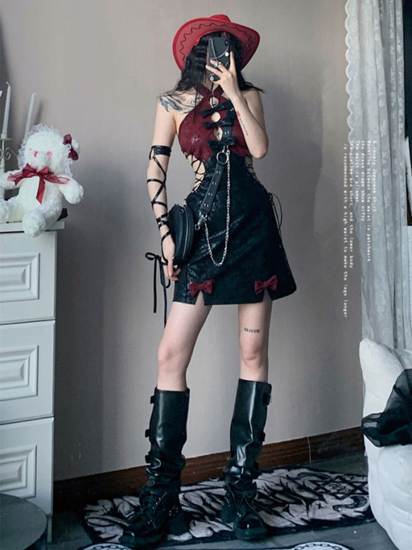 Alt Street Punk Drawstring Hollow Out Dress