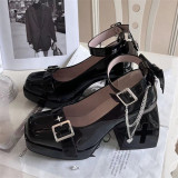 Punk Square Toe Chunky Heel Cross Hollow Out Lolita Platform Shoes with Wings
