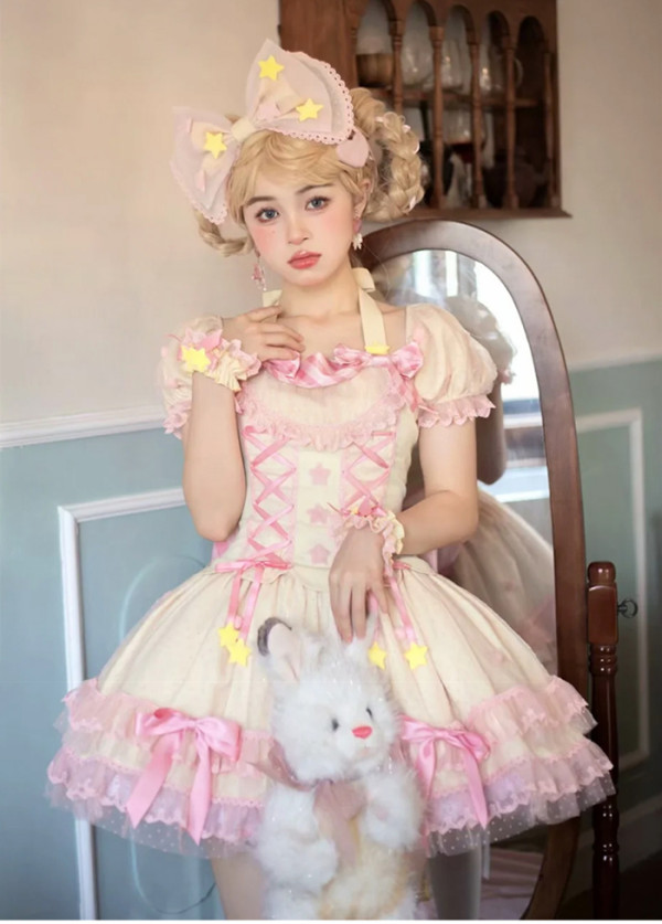 Yingji-Sugar Magic- Sweet Casual Lolita OP Dress, Headwear and Wristcuffs