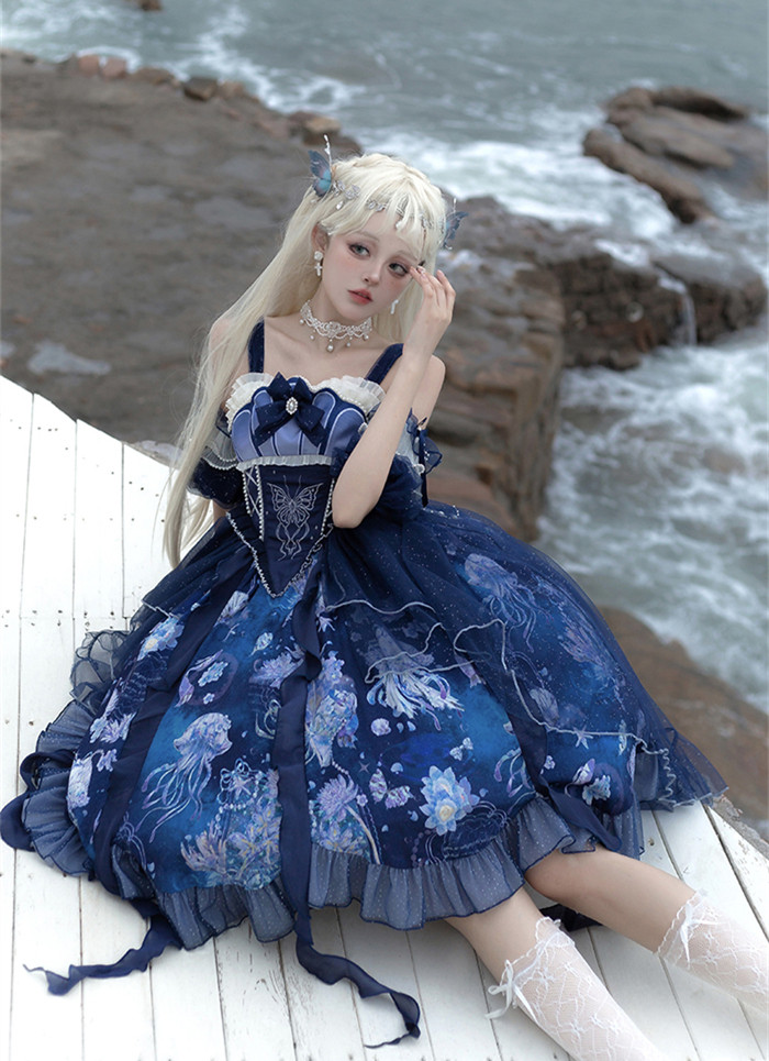 Kawaii-Story Borsa Lolita Giapponese A Forma Di Medusa - Blu Chiaro Con Fiocco E Perle, Stile Harajuku Dolce Pastel Goth