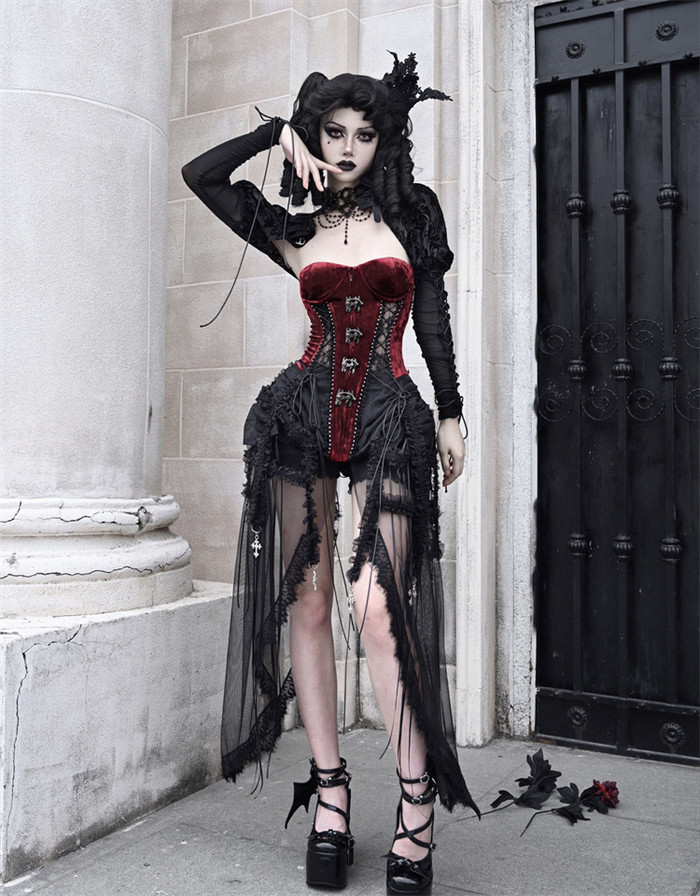 US$ 33.99 - Hell Alice- Drawstring Gothic Lolita Corset, Nest Overskirt,  Tulle Tailing Set and Bolero - m.lolitaknot.com