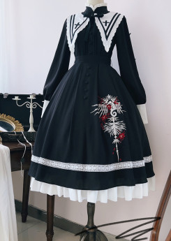 Withpuji -Withered Bone- Embroidery Nun Gothic Lolita OP Dress with Detachable Collar