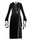 Alt Street Punk Gothic Halloween Cross Long Split Dress with Corset