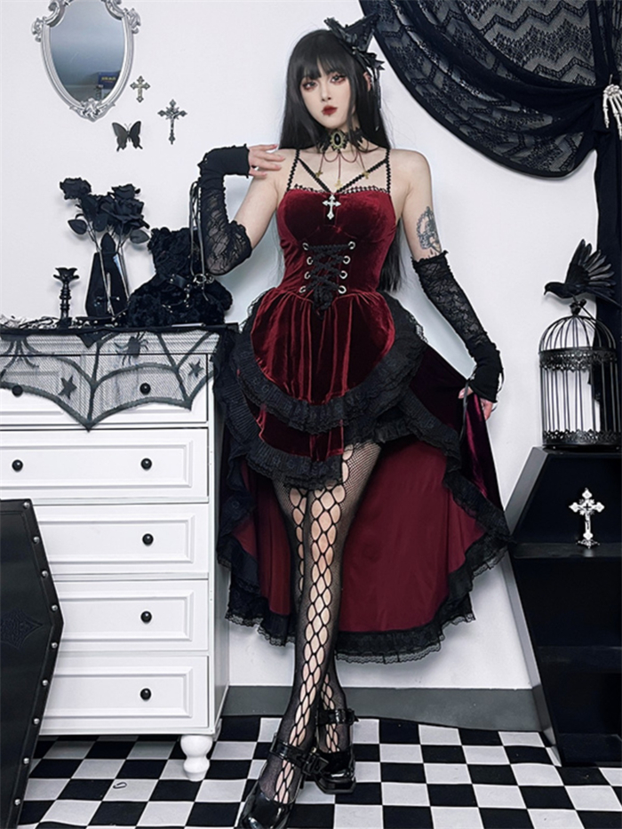 US$ 21.99 - Alt Street Punk Halloween Gothic Lace Maid Slip Dress